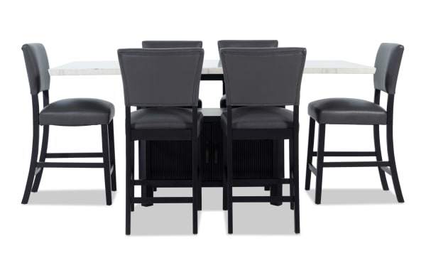 Elm 7 Piece Espresso, Marble & Gray Faux Leather Storage Counter Height Dining Set with transitional style, marble tabletop, gray faux leather Bob-O-Pedic® Memory Foam chairs, and espresso MDF base with storage.