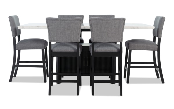 Elm 7 Piece Espresso, Marble & Light Gray Upholstered Storage Counter Height Dining Set with transitional style, marble tabletop, gray polyester fabric seats, and espresso MDF base.