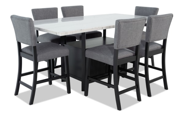 Transitional Elm 7 Piece Espresso dining set with marble tabletop, light gray polyester fabric upholstery, Bob-O-Pedic® memory foam seats, and built-in storage.