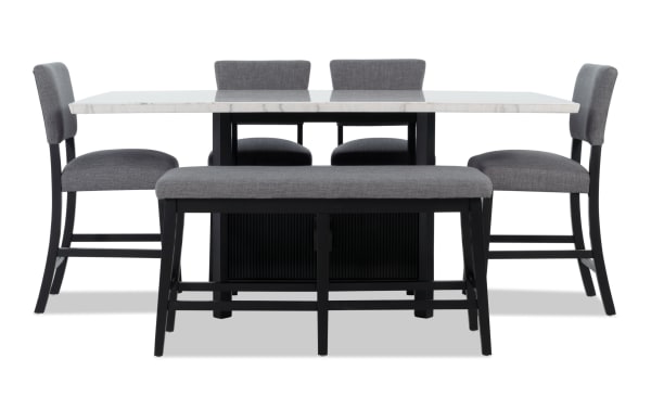 Transitional Elm 6-piece espresso and light gray counter height dining set with marble tabletop, polyester fabric upholstery, storage, and memory foam bench seating.