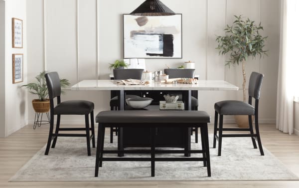 Elm 6 Piece Espresso, Marble & Light Gray Upholstered Storage Counter Height Dining Set with Bench featuring a marble tabletop, plush light gray polyester fabric seating with Bob-O-Pedic® Memory Foam, espresso MDF frame, and transitional style from the Elm Dining collection.