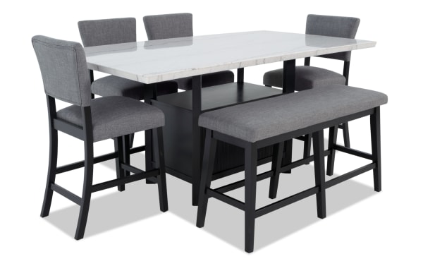 Elm 6 Piece Espresso, Marble & Light Gray Upholstered Storage Counter Height Dining Set with bench, featuring a white marble top, gray polyester fabric seats with Bob-O-Pedic® Memory Foam, and espresso MDF frame in a transitional style.