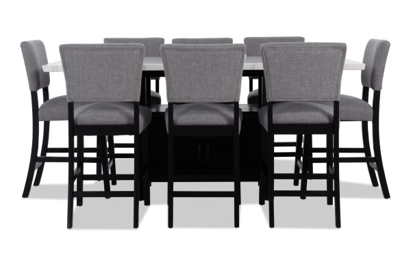 Elm 9 Piece Espresso, Marble & Light Gray Upholstered Storage Counter Height Dining Set with plush polyester fabric seats, marble tabletop, and espresso MDF frame in transitional style.