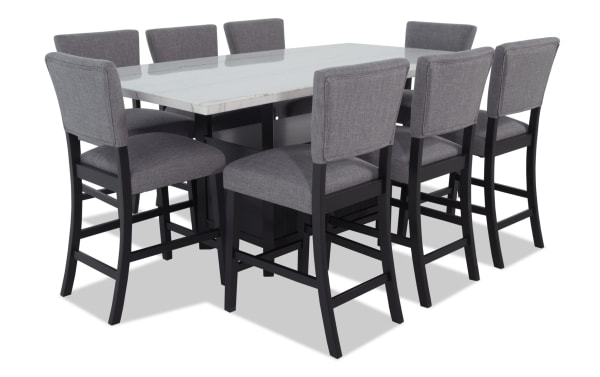 Elm 9 Piece Espresso transitional dining set with light gray polyester fabric upholstery, marble tabletop, MDF frame, and storage base.