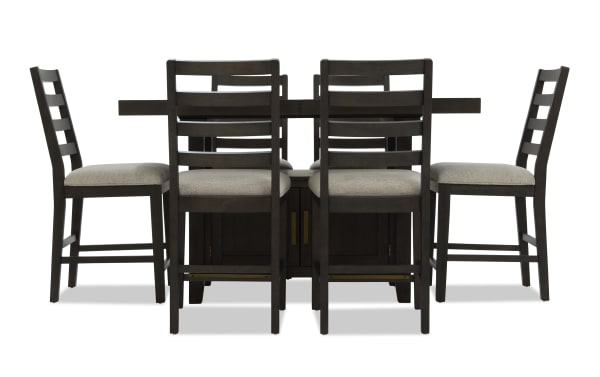 Encore 7 Piece Brown & Beige Extendable Storage Counter Height Dining Set with polyester fabric seats, acacia veneer, and MDF in contemporary style.
