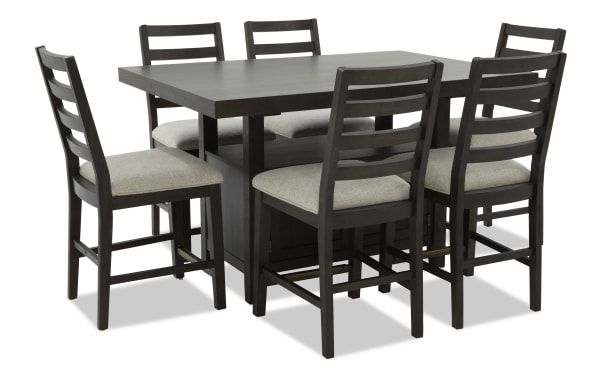 Encore 7 Piece Brown & Beige Extendable Storage Counter Height Dining Set with MDF, acacia veneers, and beige polyester fabric upholstery, contemporary style