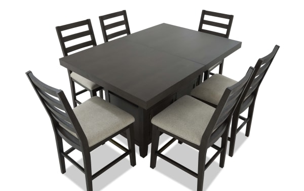 Encore 7 Piece Brown & Beige Extendable Storage Counter Height Dining Set with six beige fabric-upholstered memory foam stools, contemporary style, MDF and acacia veneers.