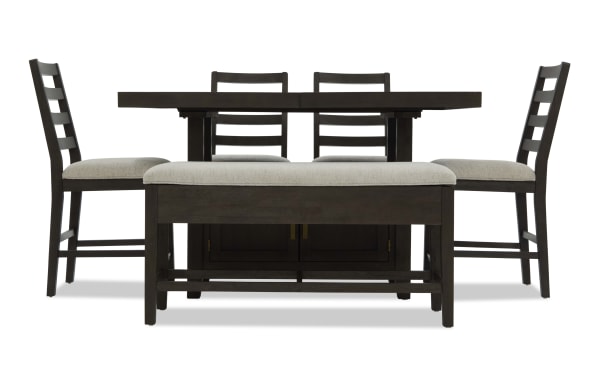 Encore 6 Piece Brown & Beige Extendable Counter Height Dining Set with storage bench, MDF/acacia veneer frame, beige polyester upholstery, contemporary style.