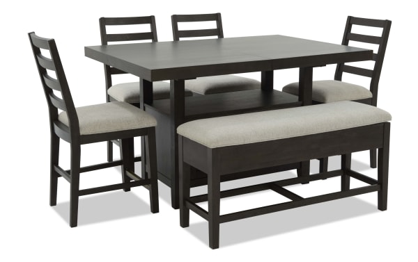 Encore 6 Piece Brown & Beige Extendable Counter Height Dining Set with storage bench, fabric polyester upholstery, MDF and acacia veneer, contemporary style.