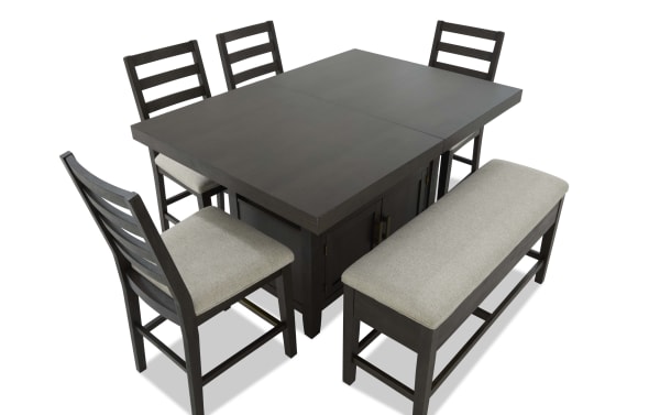 Encore 6 Piece Brown & Beige Extendable Counter Height Dining Set with MDF, acacia veneer, and beige polyester fabric bench and chairs, contemporary style with storage.