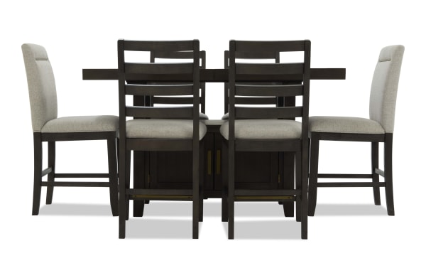 Encore 7 Piece Brown & Beige Upholstered Extendable Storage Counter Height Dining Set with MDF, acacia veneers, and polyester fabric, contemporary style.