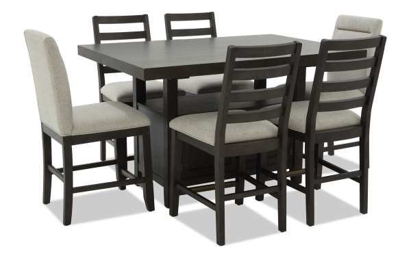 Encore 7 Piece Brown & Beige Upholstered Extendable Storage Counter Height Dining Set with polyester fabric seats, acacia veneers, and MDF in contemporary style.