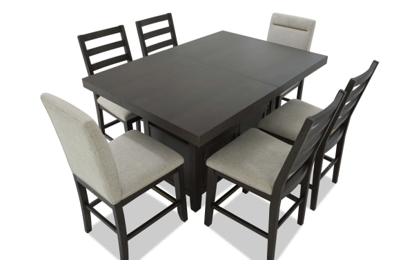Encore 7 Piece Brown & Beige Upholstered Extendable Storage Counter Height Dining Set with polyester fabric seats, acacia veneer table, and memory foam stools in contemporary style.