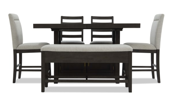 Encore 6 Piece Brown & Beige Upholstered Extendable Counter Height Dining Set with storage bench, featuring beige polyester fabric seats, dark wood MDF and acacia veneers, contemporary style with memory foam stools and built-in storage.