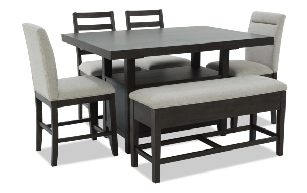 Encore 6 Piece Brown & Beige Upholstered Extendable Counter Height Dining Set with storage bench, featuring beige polyester fabric cushions, MDF and acacia veneer wood, contemporary style, and memory foam seating.