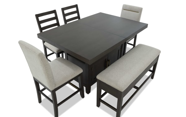 Encore 6 Piece Brown & Beige Upholstered Extendable Counter Height Dining Set with storage bench, beige polyester fabric, MDF/acacia veneer, contemporary style.
