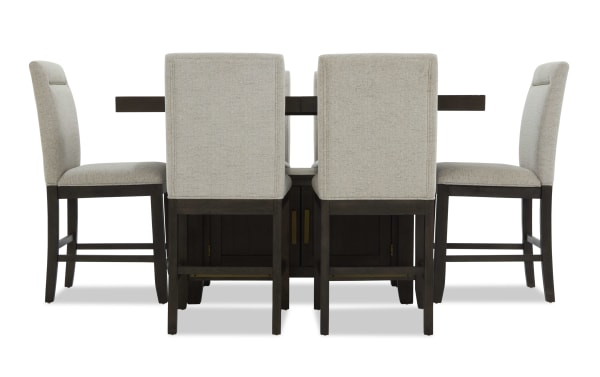Encore 7 Piece Brown & Beige Upholstered Extendable Storage Counter Height Dining Set with polyester fabric seats, acacia veneer, and memory foam stools in contemporary style