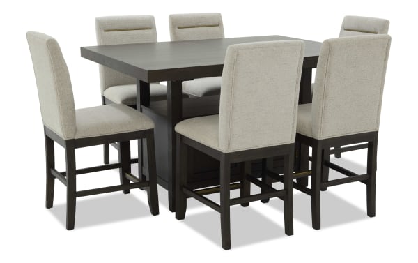 Encore 7 Piece Brown & Beige Upholstered Extendable Storage Counter Height Dining Set with polyester fabric seats, acacia veneer table, and memory foam stools in contemporary style.