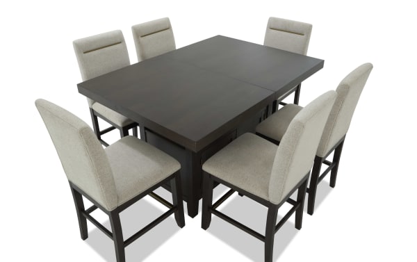Encore 7 Piece Brown & Beige Upholstered Extendable Storage Counter Height Dining Set with contemporary beige polyester fabric chairs and dark wood MDF/acacia veneer table.