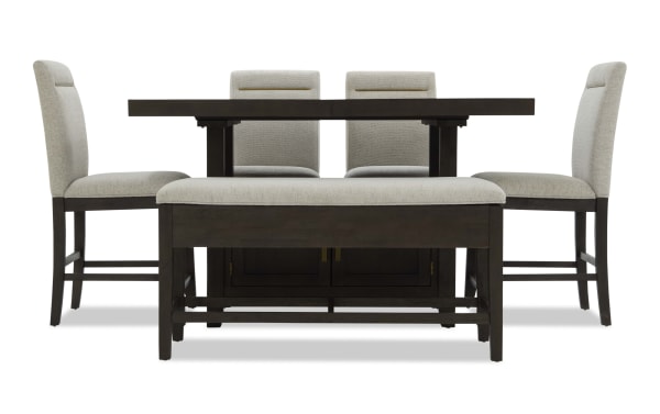 Encore 6 Piece Brown & Beige Upholstered Extendable Counter Height Dining Set with Storage Bench, featuring beige polyester fabric, acacia veneer, and MDF construction in a contemporary style.