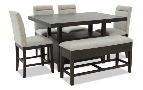 Encore 6 Piece Brown & Beige Upholstered Extendable Counter Height Dining Set with storage bench, beige polyester fabric, MDF and acacia veneers, contemporary style.