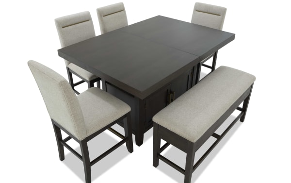 Encore 6 Piece Brown & Beige Upholstered Extendable Counter Height Dining Set with storage bench, beige polyester fabric, MDF/acacia veneer, contemporary style.