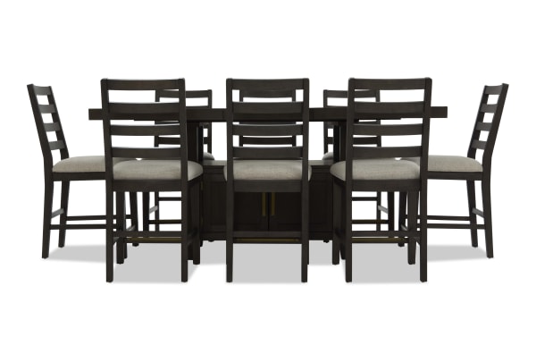 Encore 9 Piece Brown & Beige Extendable Storage Counter Height Dining Set with MDF, acacia veneers, and beige polyester fabric upholstery in contemporary style