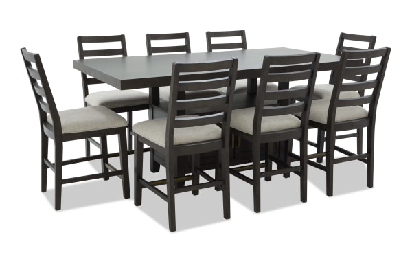 Encore 9 Piece Brown & Beige Extendable Storage Counter Height Dining Set with MDF/acacia veneers, beige polyester fabric cushions, and contemporary style.