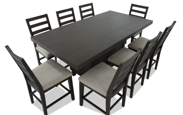 Encore 9 Piece Brown & Beige Extendable Storage Counter Height Dining Set with MDF/acacia veneers, beige polyester fabric, memory foam stools, contemporary style