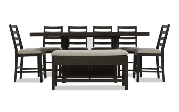 Encore 8 Piece Brown & Beige Extendable Counter Height Dining Set with storage bench, polyester fabric seats, MDF and acacia veneers, contemporary style.
