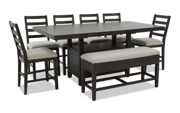 Encore 8 Piece Brown & Beige Extendable Counter Height Dining Set with Storage Bench, featuring MDF and acacia veneers, beige polyester fabric upholstery, and contemporary design.