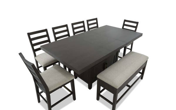 Encore 8 Piece Brown & Beige Extendable Counter Height Dining Set with storage bench, upholstered polyester seats, MDF/acacia veneers, contemporary style.