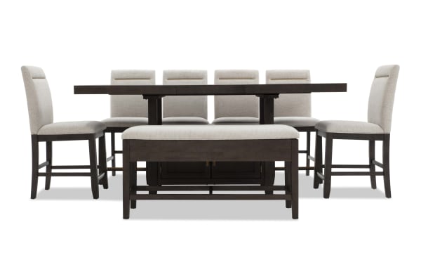 Encore 8 Piece Brown & Beige Upholstered Extendable Counter Height Dining Set with storage bench, polyester fabric seats, MDF/acacia veneer, contemporary style.