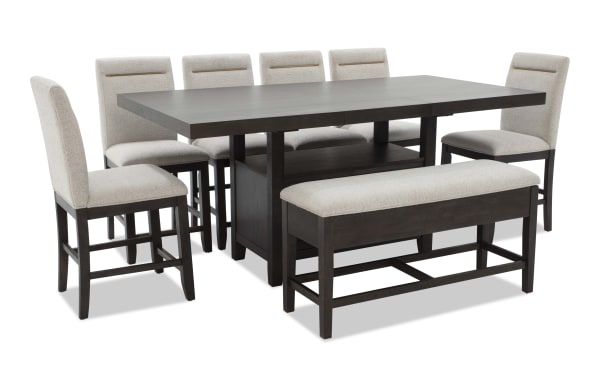 Encore 8 Piece Brown & Beige Upholstered Extendable Counter Height Dining Set with Storage Bench, featuring beige polyester fabric, MDF and acacia veneers, contemporary style, and memory foam seating.