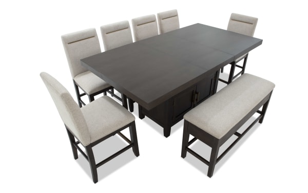 Encore 8 Piece Brown & Beige Upholstered Extendable Counter Height Dining Set with storage bench, beige polyester fabric, MDF and acacia veneers, contemporary style.