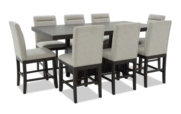 Encore 9 Piece Brown & Beige Upholstered Extendable Storage Counter Height Dining Set with beige polyester fabric chairs, dark wood MDF/acacia veneers table, and memory foam stools, featuring contemporary design from the Encore Dining collection.