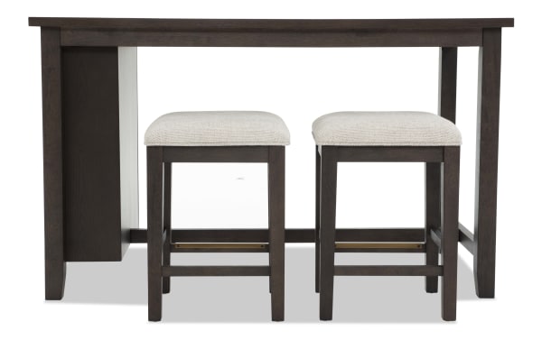 Encore 3 Piece Brown & Beige Upholstered Counter Height Kitchen Island Set with MDF, Acacia Veneers, and beige polyester fabric stools from Encore Dining collection, featuring memory foam seating and contemporary style.