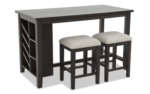 Encore 3 Piece Brown & Beige Upholstered Counter Height Kitchen Island Set with MDF, acacia veneers, and polyester fabric stools from Encore Dining collection, featuring memory foam-filled beige upholstered seats and built-in storage shelves in contemporary style.