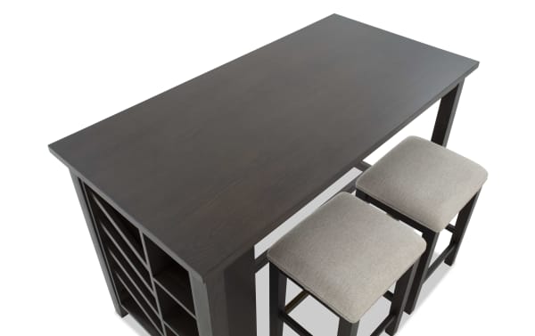 Encore 3 Piece Brown & Beige Upholstered Counter Height Kitchen Island Set with MDF/acacia veneer table, beige polyester fabric stools, and built-in storage.