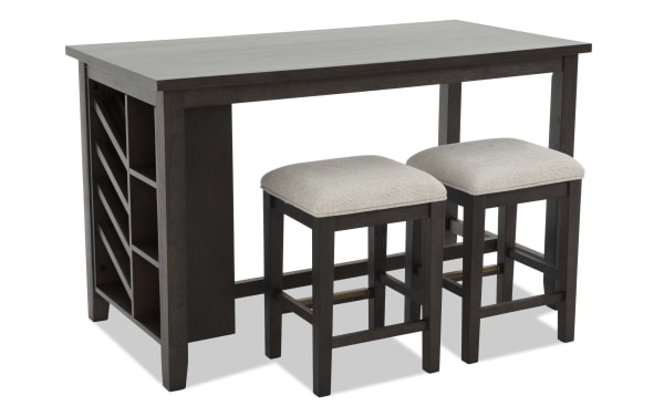 Encore 5 Piece Brown & Beige Upholstered Counter Height Kitchen Island Set with MDF, acacia veneers, and polyester fabric stools in contemporary style, featuring memory foam seating and built-in storage shelves.