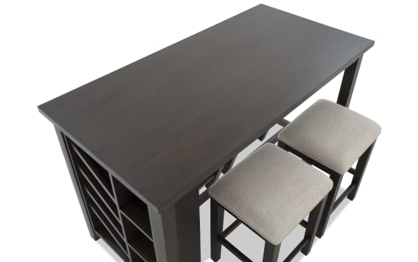 Encore 5 Piece Brown & Beige Upholstered Counter Height Kitchen Island Set with MDF, Acacia Veneers, and polyester fabric stools, contemporary style.