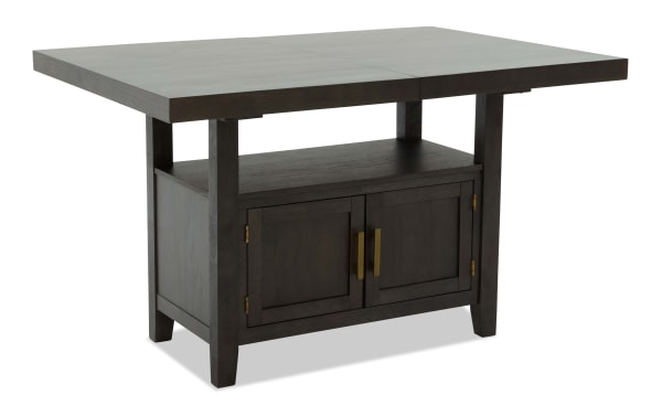 Encore Brown Counter Height Extendable Storage Dining Table in contemporary style, made of MDF and acacia veneers with dark brown finish, featuring storage cabinet and extendable top.