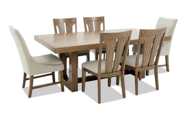 Melrose 7 Piece Natural & Beige Upholstered Extendable Dining Set with rectangular rubberwood table and beige polyester fabric chairs.