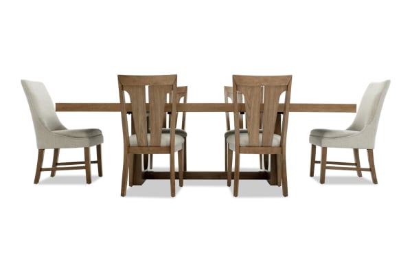 Melrose 7 Piece Natural & Beige Upholstered Extendable Dining Set with rectangular wood table, fabric polyester beige chairs, transitional style