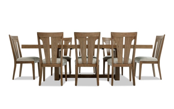 Melrose 9 Piece Natural & Beige Slat Back Extendable Dining Set with rectangular hickory veneer table and beige polyester fabric chairs.