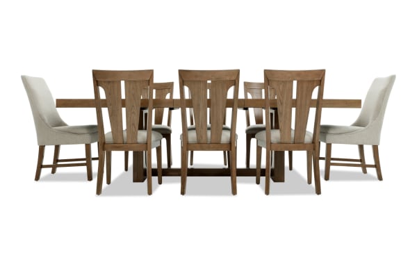 Melrose 9 Piece Natural & Beige Upholstered Extendable Dining Set with rectangular wood table, fabric polyester beige chairs, transitional style, memory foam cushions.