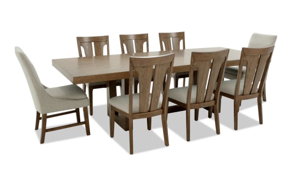 Melrose 9 Piece Natural & Beige Upholstered Extendable Dining Set with rectangular rubberwood table, polyester fabric chairs, and memory foam seats, seating up to 10.