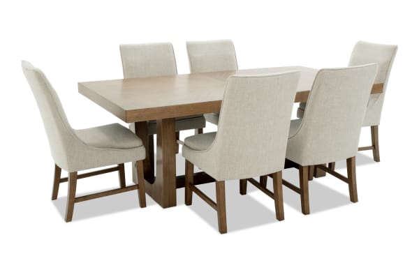 Melrose 7 Piece Natural & Beige Solid Back Extendable Dining Set with polyester fabric chairs, rubberwood and hickory veneer table, transitional style.