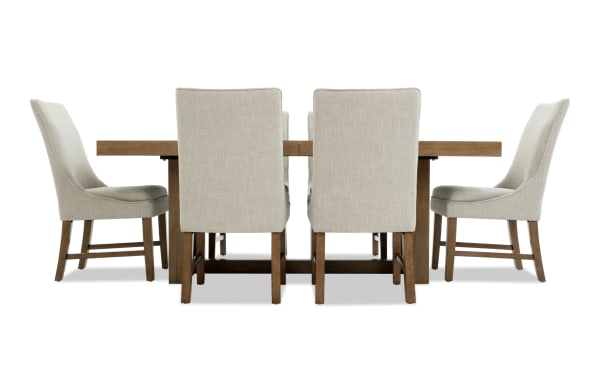 Melrose 7 Piece Natural & Beige Solid Back Extendable Dining Set with rectangular MDF and rubberwood table, polyester fabric chairs, transitional style