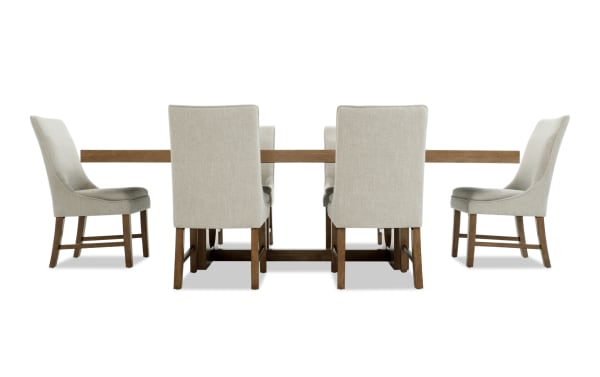 Melrose 7 Piece Natural & Beige Solid Back Extendable Dining Set with rectangular MDF and rubberwood table, beige polyester fabric chairs, transitional style.